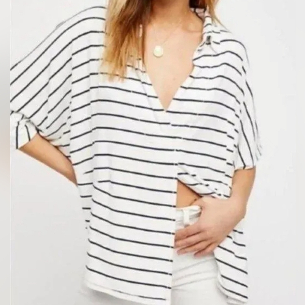 Free People We the Free Can't Fool Me Oversized Tee White Blue Stripe Medium M